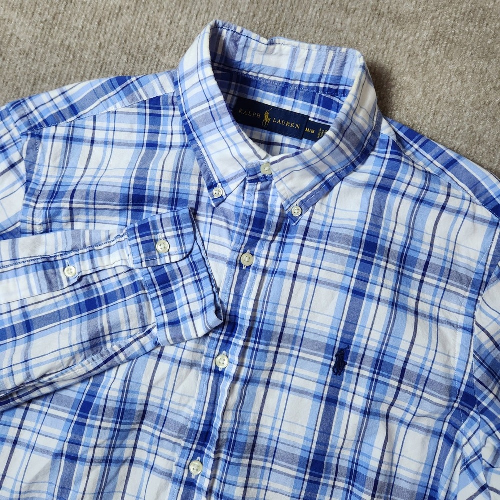 Ralph Lauren Mens Blue White Plaid Button Down Shirt Long Sleeve Medium M